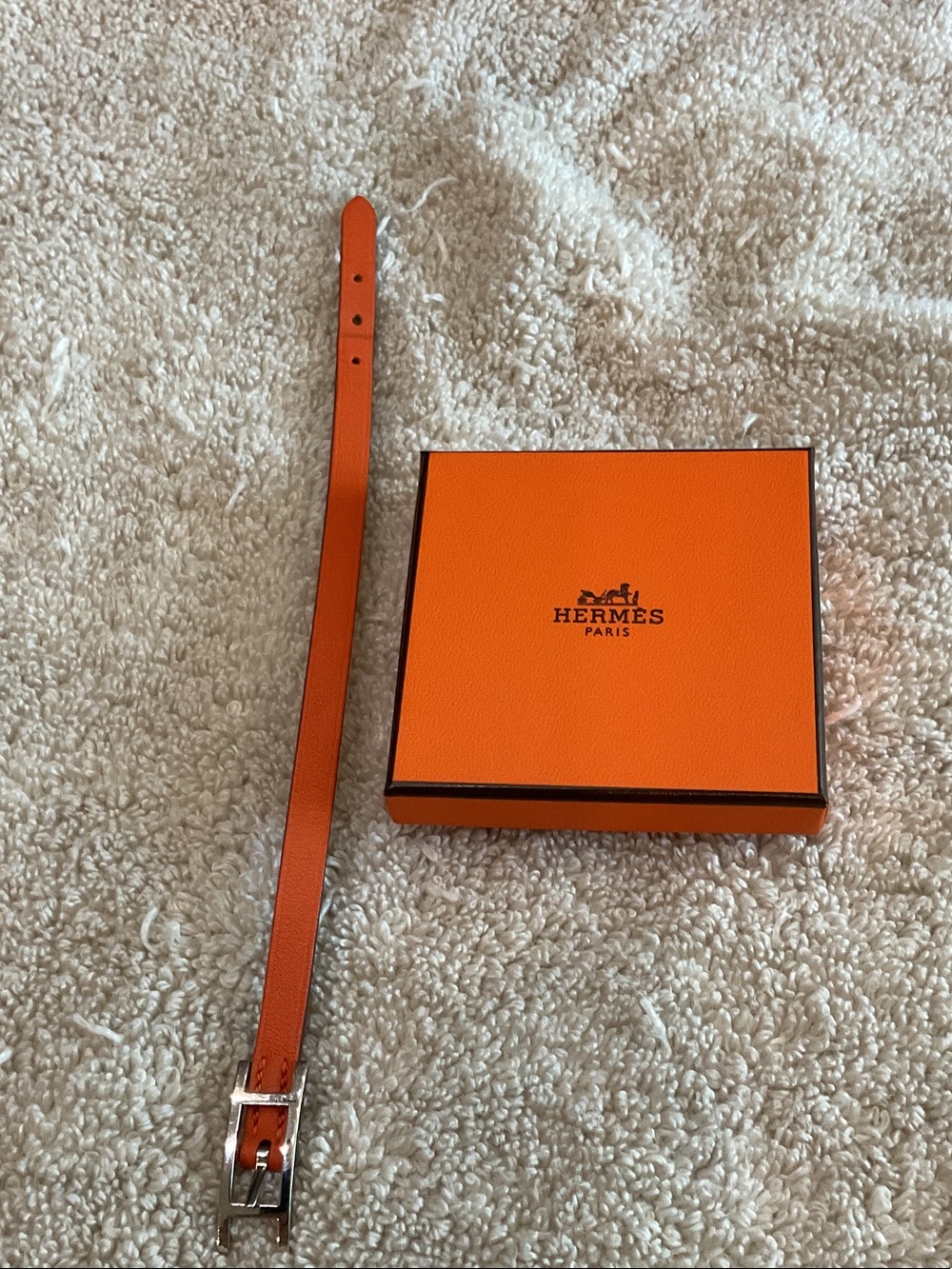 Hermes Orange Leather Bracelet with Silver-Tone Buckle